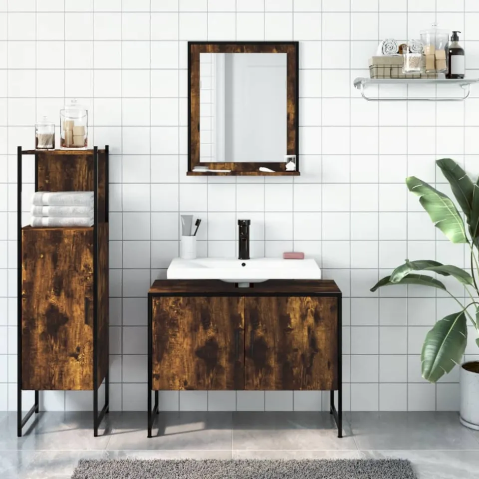 vidaXL 3-delige Badkamermeubelset bewerkt hout gerookt eikenkleurig, foto 2