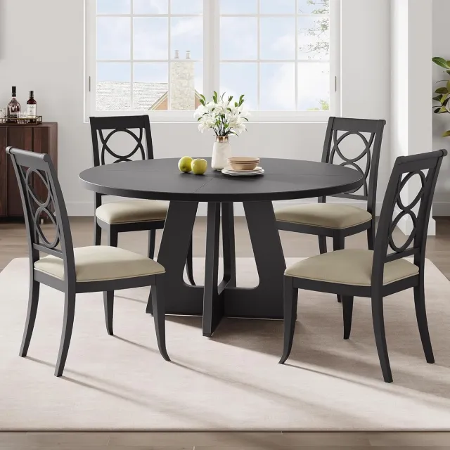 HOERFURIY Grote Ronde Eettafel - Ø 120 cm - Geschikt voor 4 tot 6 Personen - Landelijk Design met Houten Poten - Zwart (Exclusief Stoelen)