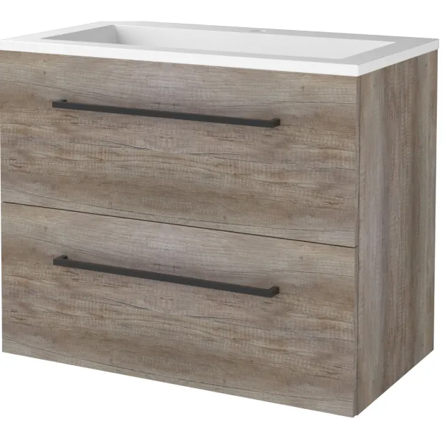 Boss & Wessing Badmeubelset BWS Salt 100x46cm Met Grepen 2 Lades Met Wastafel Acryl 1 Kraangat Scotch Oak Bruin