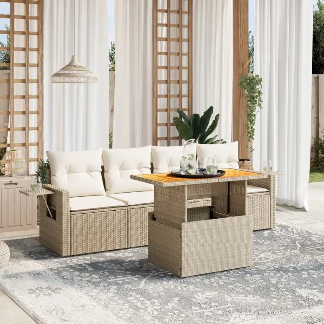 vidaXL 5-delige Loungeset met kussens poly rattan beige, foto 2