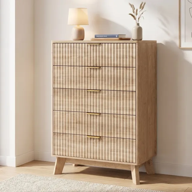 Mofor Ladekast - 73x40x108 cm - Opbergkast met 5 Lades - Anti-kantel - Hout - Geribbeld Design - Houtkleur