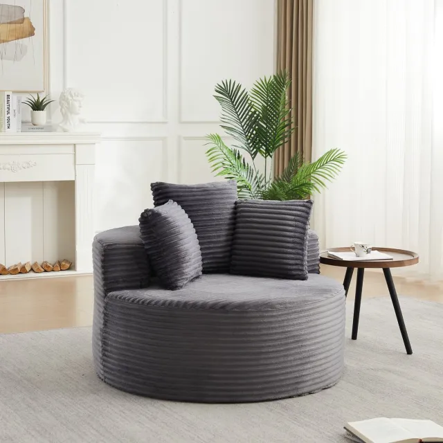 DESMIU Fauteuil Rond 110 Cm - Comfortabel Met 3 Kussens En Brede Armleuningen - Voor Woonkamer, Slaapkamer En Speelkamer - Corduroy - Grijs