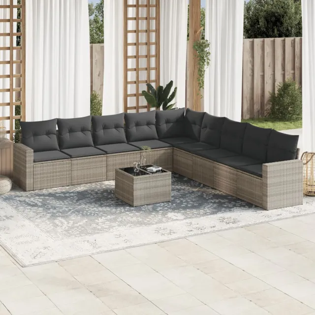 vidaXL 10-delige Loungeset met kussens poly rattan lichtgrijs grijs, foto 2