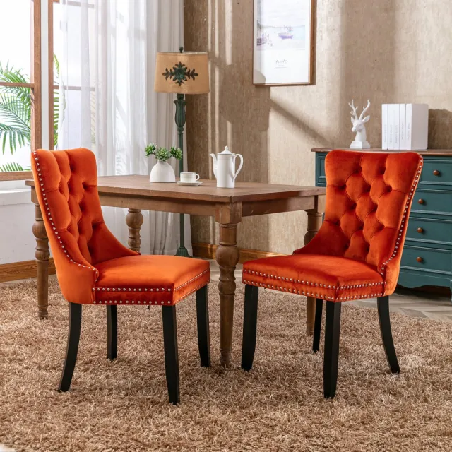 Clruro Collectie - Eetkamerstoelen Set van 2 - Hoogwaardige Velvet Bekleding - Houten Poten & Nailhead Trim - Oranje