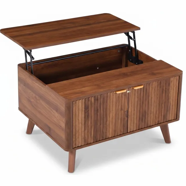 SensaHome Japandi Salontafel met Lift-Top – Verborgen Opbergruimte en 2-Deurs Kast – 80x65x45 cm – Walnoot