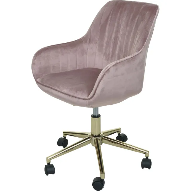 MCW Bureaustoel MCW-J62, bureaustoel met wieltjes, in hoogte verstelbaar, fluweel met armleuning, goudkleurige onderstel ~ roze