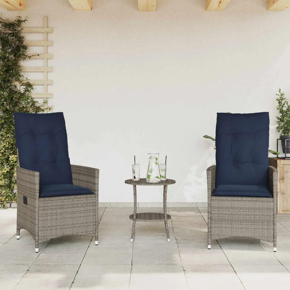 vidaXL 3-delige Bistroset met kussens poly rattan grijs, foto 2