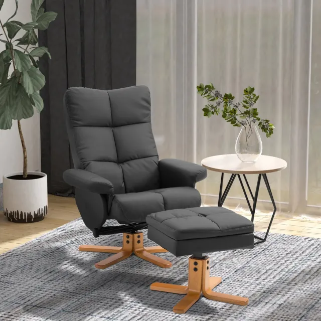 REDOM Relaxfauteuil met hocker - 360° draaibaar - Handmatig verstelbare rugleuning tot 145° - Ergonomisch - Voor woonkamer - PU en houten onderstel - Zwart - 80 x 86 x 99 cm