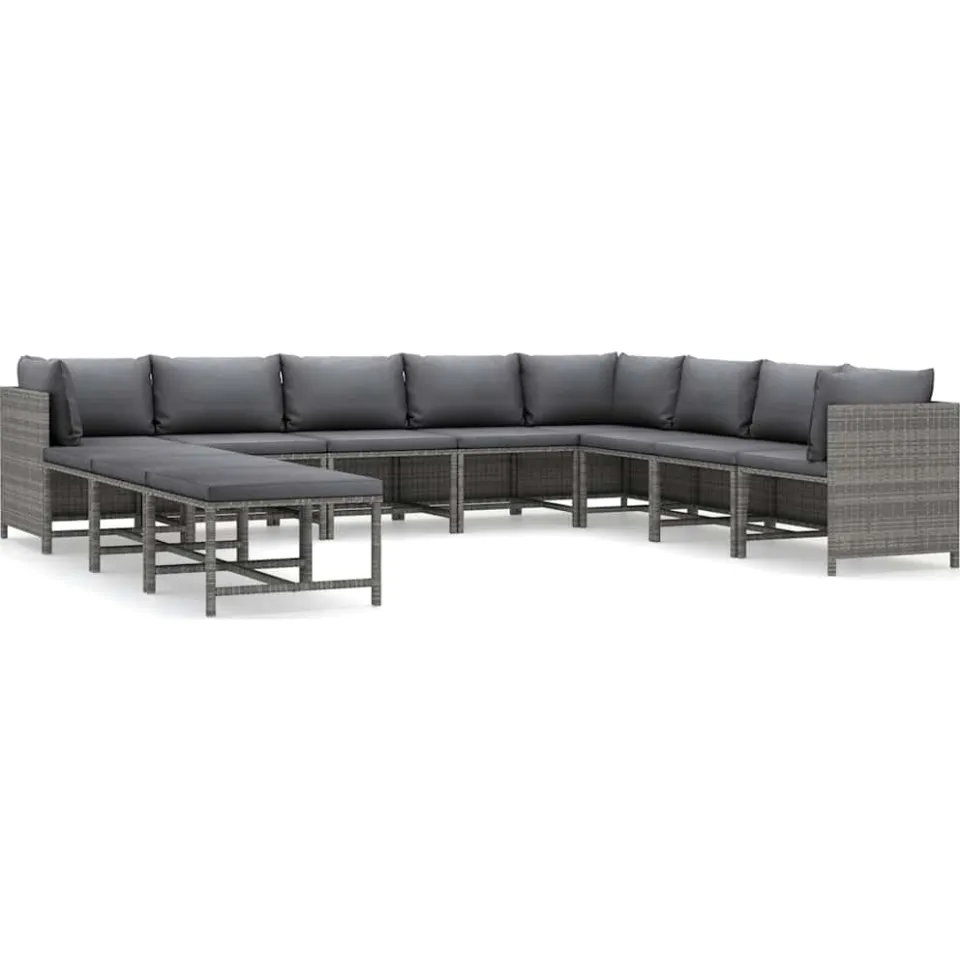 vidaXL 11-delige Loungeset met kussens poly rattan grijs