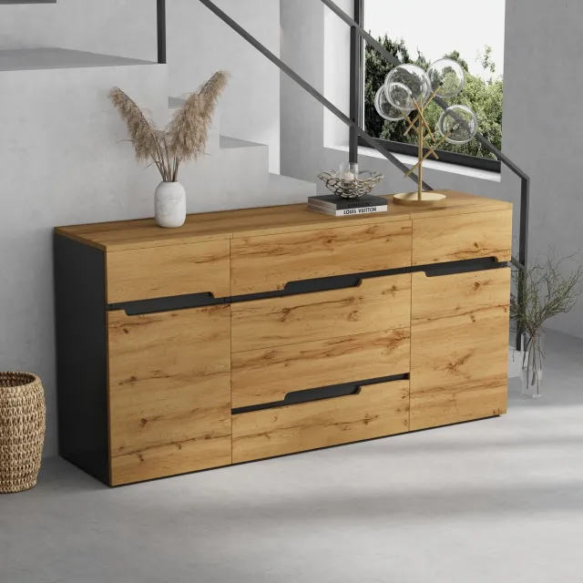 STILVORA Dressoir - Opbergkast Met 2 Deuren En 4 Lades - Voor Woonkamer Of Eetkamer - Spaanplaat - 160x40x80 Cm - Zwart;Houtkleur Black