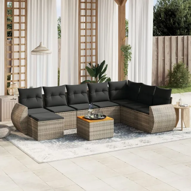vidaXL 9-delige Loungeset met kussens poly rattan grijs, foto 2