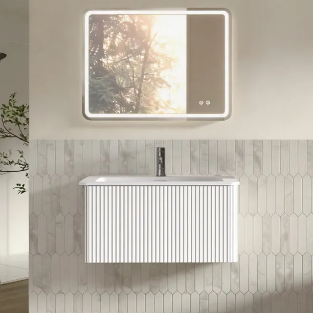 MODENUIT Badkamermeubelset - LED-spiegel - Wandmontage - Lade - MDF en Glas - Wit - 81 x 46,5 x 37 cm