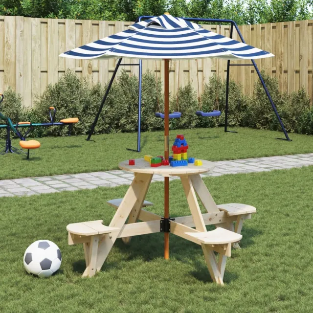 vidaXL Picknicktafel voor 4 kinderen met parasol rond vurenhout bruin, foto 2