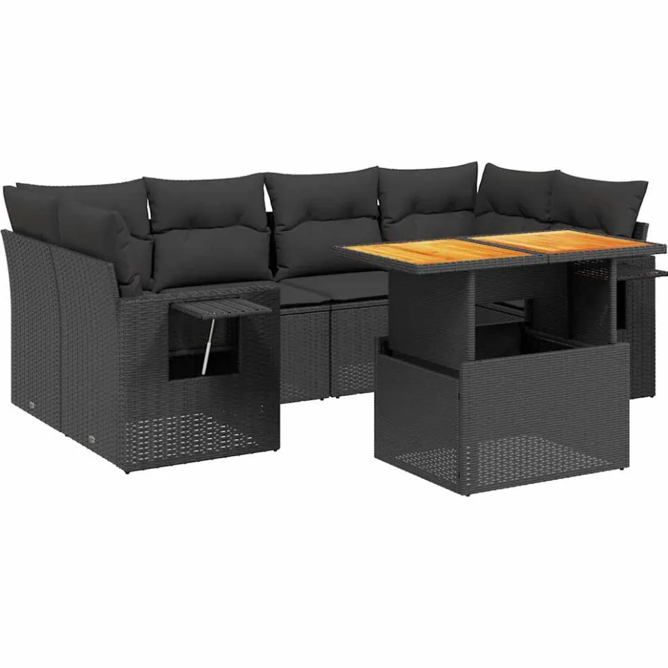 vidaXL 7-delige Loungeset met kussens poly rattan zwart, foto 3