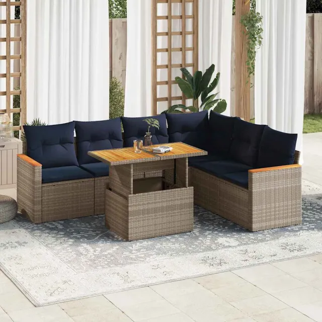 vidaXL 7-delige Loungeset met kussens poly rattan grijs, foto 2