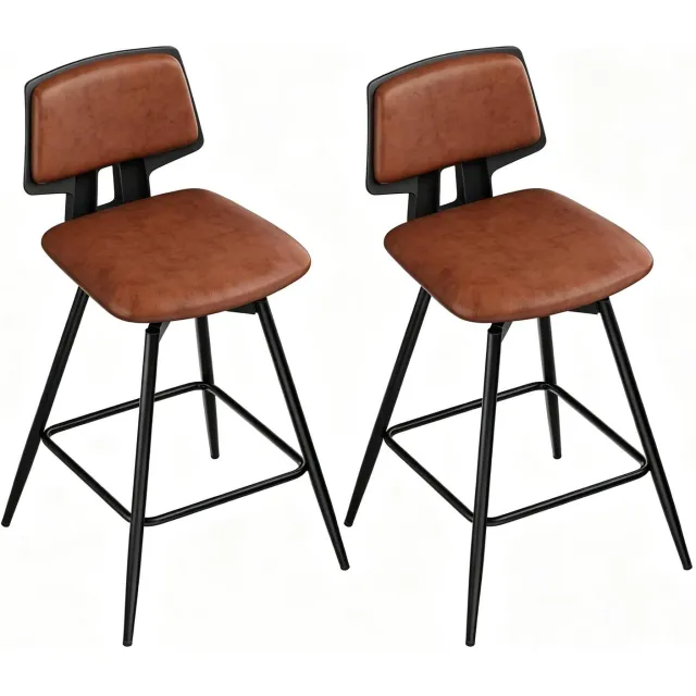 SONNENH Draaibare barkrukken set van 2 - Bruin kunstleer - Zwart metalen onderstel - Zithoogte 65,5 cm Bruin met zwart onderstel