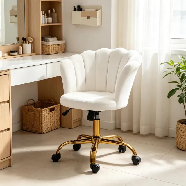 MIVRAY Bureaustoel 69 x 64 x 80-90 cm - In Hoogte Verstelbaar, Draaibaar en Met Wielen - Voor Werkplek en Salon - Fluweel Wit