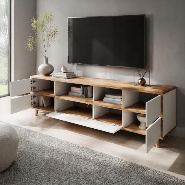 Maisentiel Tv-meubel van MDF met deuren en open vakken - wit en houtkleur - 175 x 37 x 51 cm