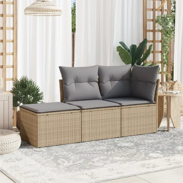 vidaXL 3-delige Loungeset met kussens poly rattan beige, foto 2