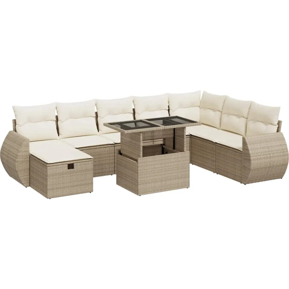vidaXL 9-delige Loungeset met kussens poly rattan beige, foto 3