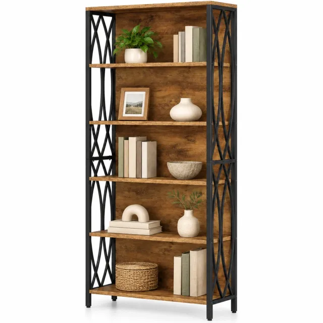 DMG Supply Boekenkast met Achterwand - Open Kast - Boekenrek met 5 Lagen - Decoratieve Zijpanelen - Industrieel - Bruin/Zwart - 80 x 28 x 180 cm