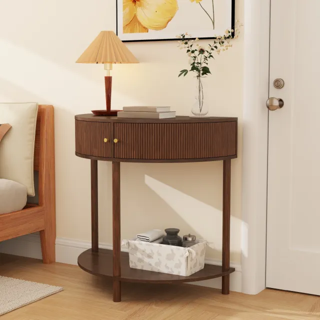 REDOM Sidetable Halfrond - Wandtafel met 2 Deuren en Opbergruimte - 3D Ribbelstructuur - Onderste Opbergplank - Massief Houten Poten - Walnootbruin - 80 x 40 x 82 cm