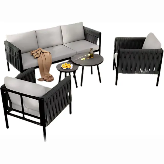 Happiq Tuinmeubelset - Loungeset - Tuinlounge Lounge Set - Lounge Set - Voor Tuin, Terras of Balkon - 3-zits Sofa, 2 Fauteuils & 2 Tafelbanken - Dik Touw & Gaasdesign met Gemarmerde Glasplaat - Gegalvaniseerd Staal Grijs