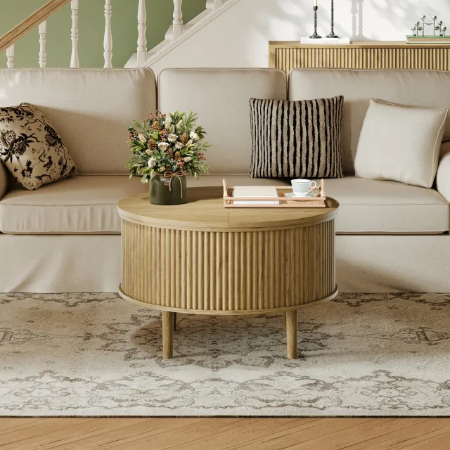 FloraGrace Salontafel - Ronde Opklapbare Tafel Met Verborgen Opbergruimte - Hoogteverstelbaar Voor Woonkamer - Spaanplaat - 80 x 80 x 50 cm - Naturel