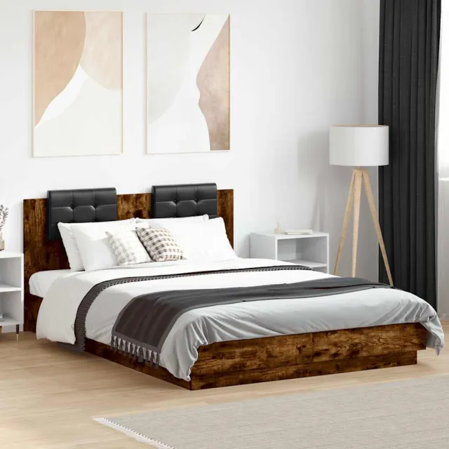 vidaXL Bedframe met hoofdbord en LED gerookt eikenkleur 120x200 cm Bruin