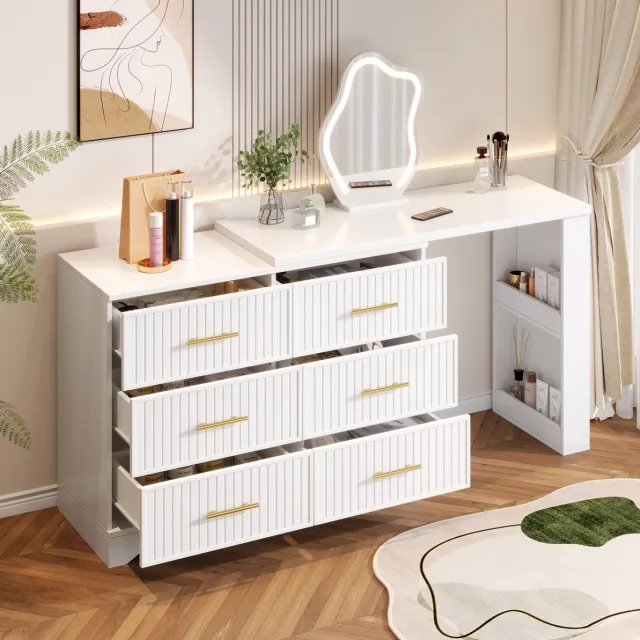 REDOM Kaptafel - draaibaar L-vormig ontwerp - LED-verlichting met verstelbare helderheid - Modern - Slaapkamer en kantoor - Spaanplaat - Wit en goud - 110 x 40 x 129 cm