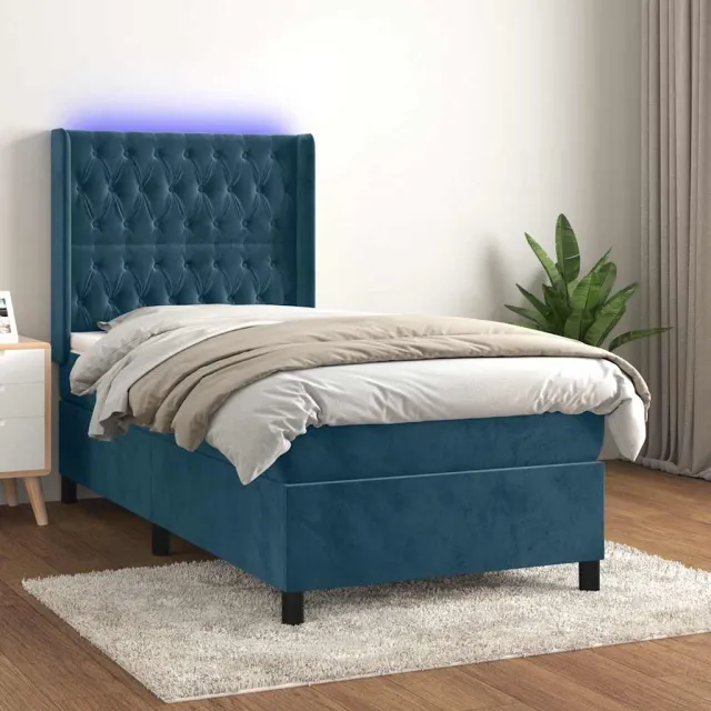 vidaXL Boxspring met matras en LED fluweel donkerblauw 90x190 cm blauw