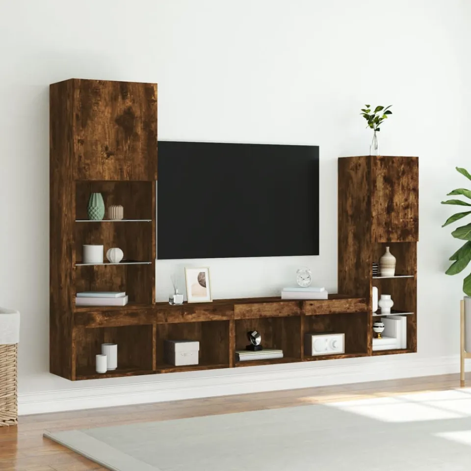 vidaXL 8-delige tv-wandmeubelset met LED bewerkt hout gerookt eiken, foto 3