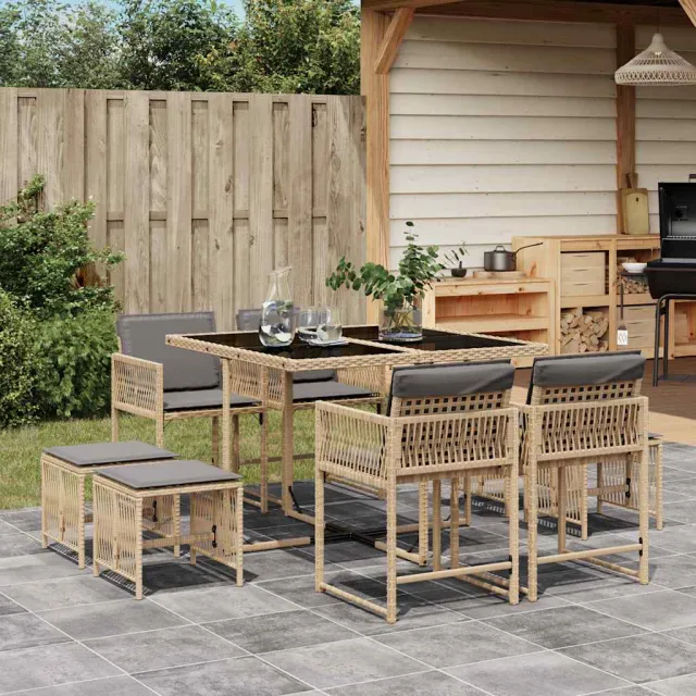 vidaXL 9-delige Tuinset met kussens poly rattan gemengd beige, foto 2