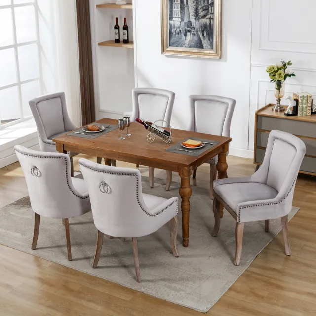 Welltin Eetkamerstoelen Set van 6 - Luxe Stoel - Velvet Stoel - Gestoffeerde Stoel - Keukenstoel - Woonkamerstoel - Stoel met Nagelkopdetails - Massief Houten Poten - Moderne Design Stoel - Grijs