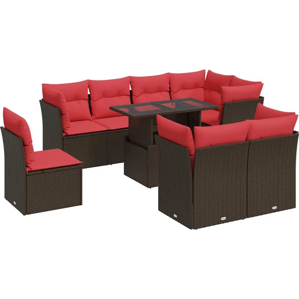 vidaXL 9-delige Loungeset met kussens poly rattan acacia bruin, foto 3