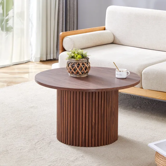 FloraGrace Salontafel - Rond Tafelblad met Gegroefde Cilindervoet - Voor de Woonkamer - MDF en Metaal - 70 x 70 x 42 cm - Walnootkleur