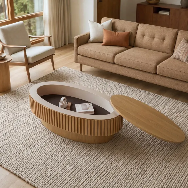 MIVRAY Salontafel - Ovale Tafel Met Verborgen Opbergruimte En Geribbeld Design - Voor Woonkamer Of Kantoor - MDF - 98x60x35 Cm - Natuurlijk Hout Natuurlijke houtkleur