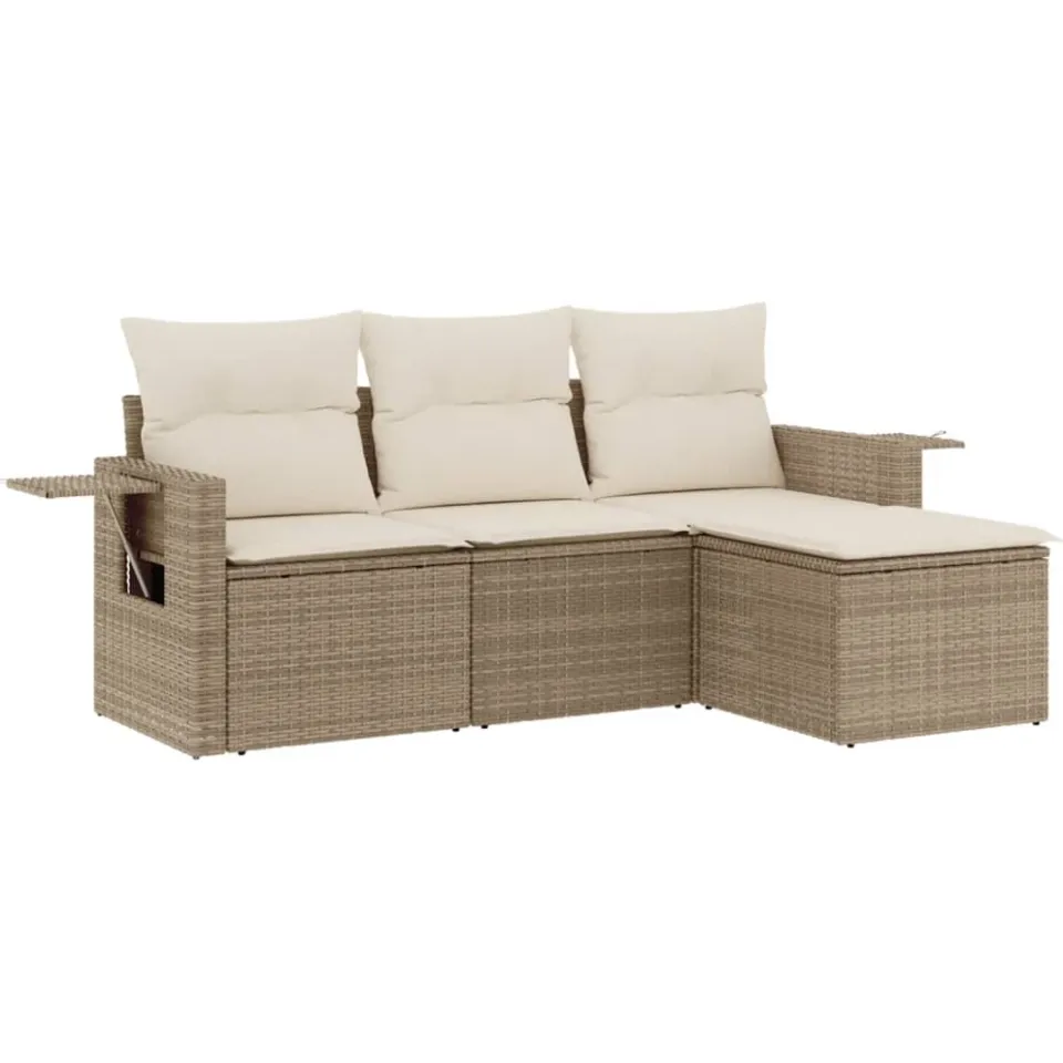 vidaXL 4-delige Loungeset met kussens poly rattan beige, foto 3