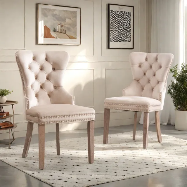 ROSAHQNDA Set van 2 moderne eetkamerstoelen met massief houten poten (keukenstoel, woonkamerstoel met unieke deurklopper aan de achterkant), gestoffeerde stoel met siernagels, fluwelen bekleding, beige