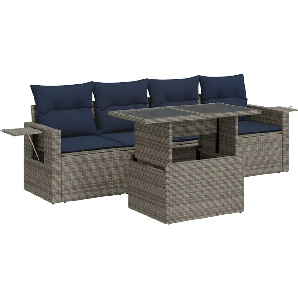 vidaXL 5-delige Loungeset met kussens poly rattan grijs, foto 3
