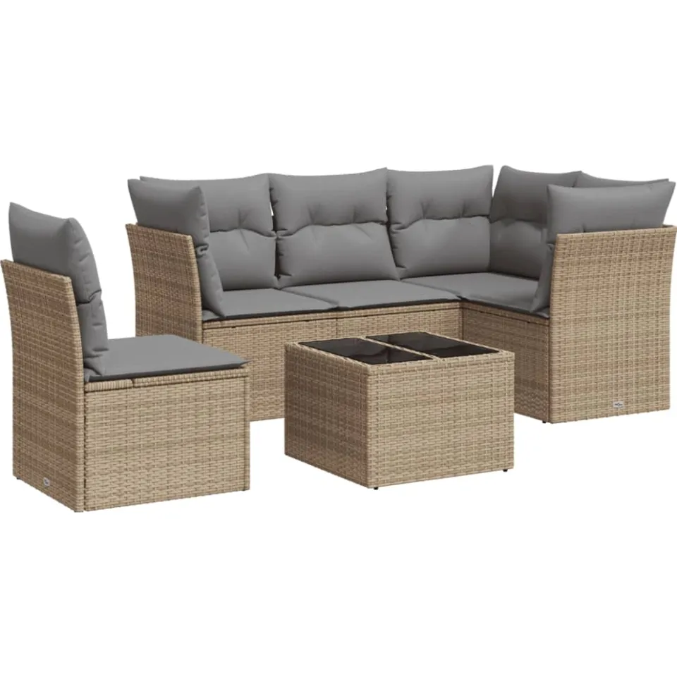 vidaXL 6-delige Loungeset met kussens poly rattan beige