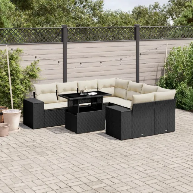 vidaXL 9-delige Loungeset met kussens poly rattan zwart, foto 2