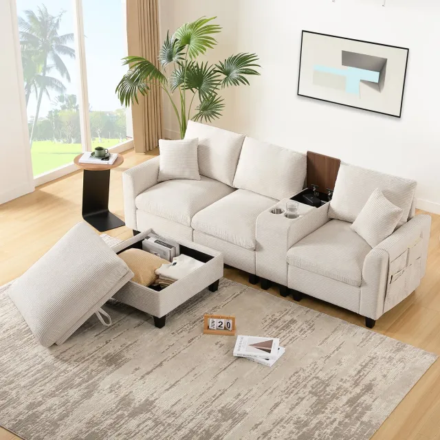 Gutent Bank Moderne L-vormige hoekbank, converteerbare bank met console, 2 bekerhouders, USB-oplaadpunten, opbergvak in de armleuning en kussens, corduroy stof, comfortabele bank voor woonkamer, appartement, kleine ruimtes Beige