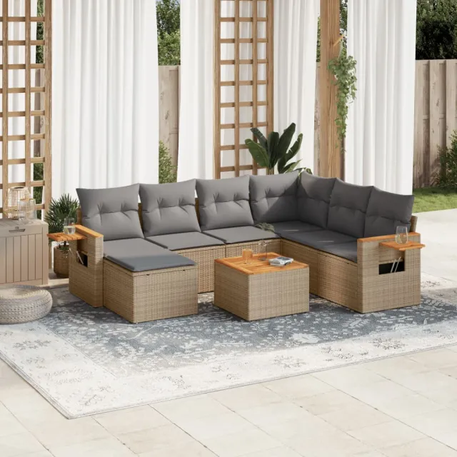 vidaXL 8-delige Loungeset met kussens poly rattan beige, foto 2