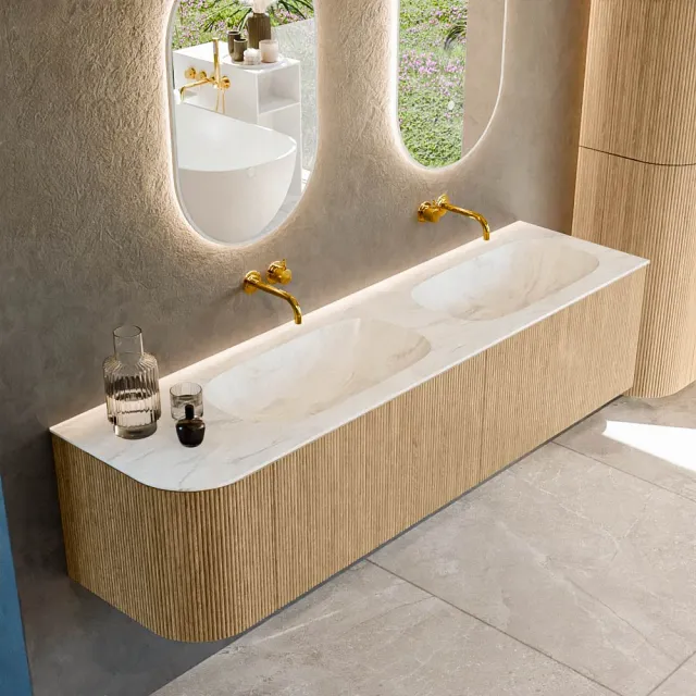 Mondiaz KURVE-DLUX 175 cm Onderkast Greeploos 2 Lades Met Deuren Oak, Wastafel Solid Surface Rechts Ostra 0 Kraangaten Zonder Spiegel (KRVSTS175L2L1D0KD-Oak/Ost)
