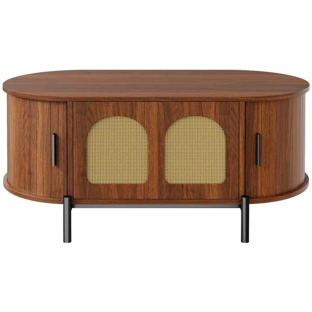 SONNENH Ovale salontafel met rotanlook fronten en opbergruimte - Walnootlook - 100 x 50 cm Walnootlook en zwart