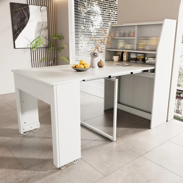 MODENUIT Uitschuifbare Eettafel - Met Opbergruimte - Voor Eetkamer En Lounge - Wit Spaanplaat En Glas - 52-132,5x80x76 cm
