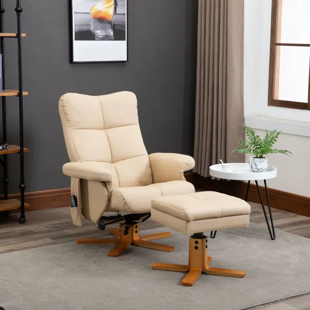 HAUSS SPOLE Relaxfauteuil - Massagestoel met Voetenbank - 10 Massagepunten en Ligfunctie - 360 Graden Draaibaar - Woonkamer - Polyester Crèmewit