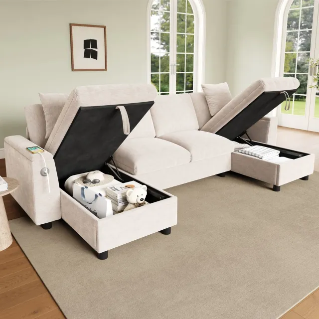 MIVRAY U-Bank 284x135 Cm - Met Opbergruimte En Oplaadfunctie - Voor Woonkamer - Chenille Beige
