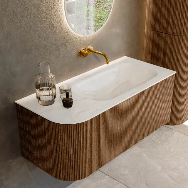 Mondiaz KURVE-DLUX 105 cm Onderkast Greeploos 1 Lade Met Deuren Walnut, Wastafel Solid Surface Rechts Ostra 0 Kraangaten Zonder Spiegel (KRVBGS105L1L1D0KR-Wal/Ost)